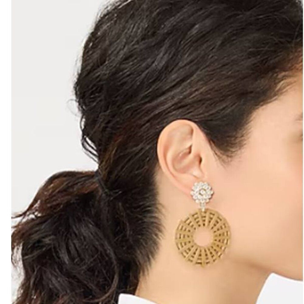J Crew Women's Pearl Woven Circle Statement Earrings Rattan Party Natural Tan